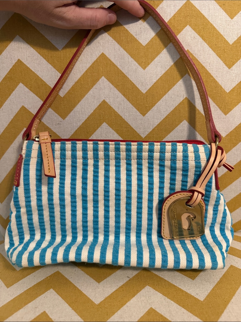NWOT Dooney & Bourke Blue & White Striped Small Bag with Tan Trim